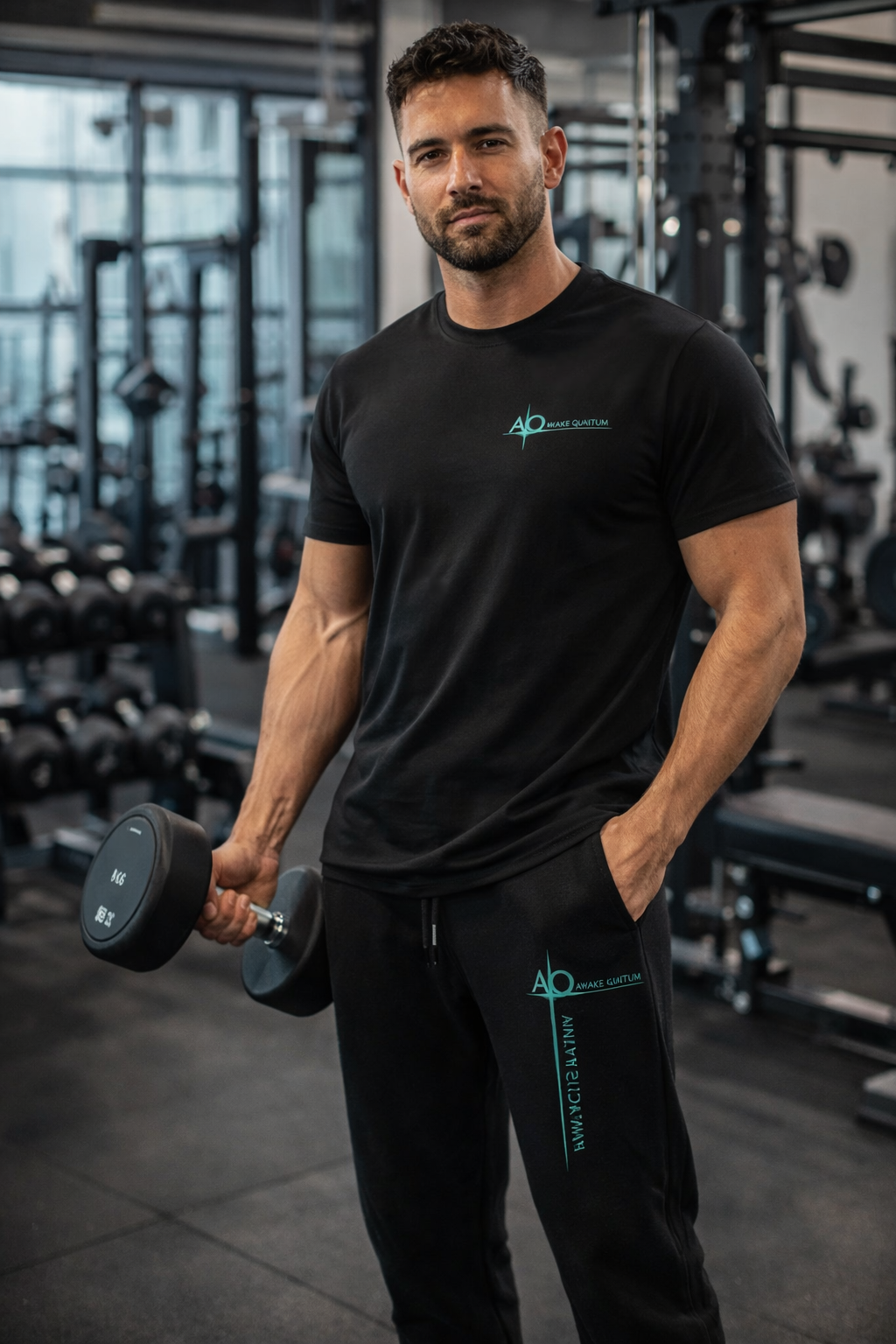 Homme portant un t-shirt Awake Quantum Sport avec symbole énergétique Quantum, vêtement sport confortable et respirant